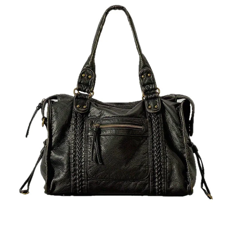 Women's retro messenger bag in soft PU leather with woven texture and horizontal square shape