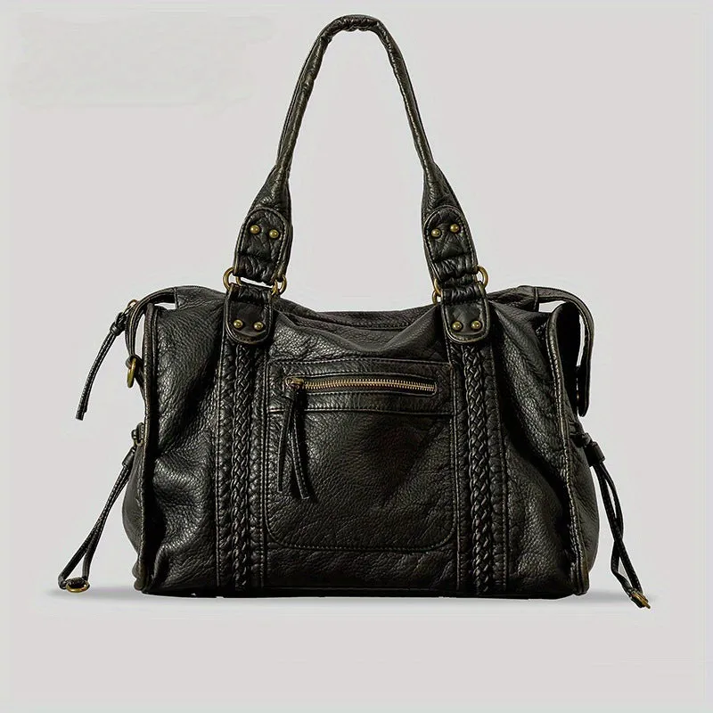 Women's retro messenger bag in soft PU leather with woven texture and horizontal square shape