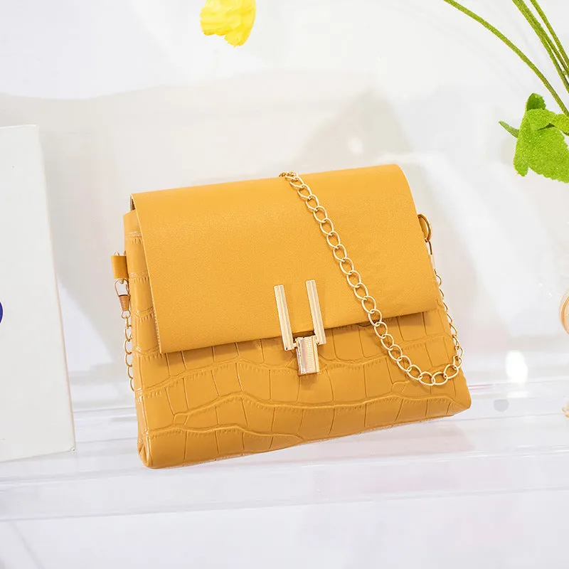 Chain fashion stone pattern small square PU bag in horizontal shape with chain strap, available in multiple colours