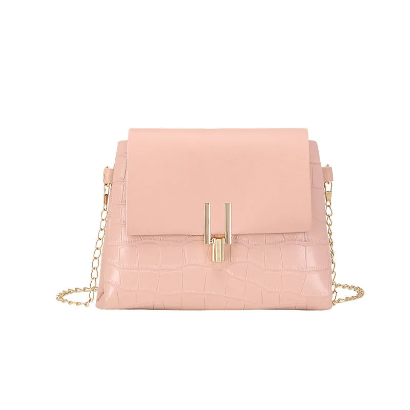 Chain fashion stone pattern small square PU bag in horizontal shape with chain strap, available in multiple colours