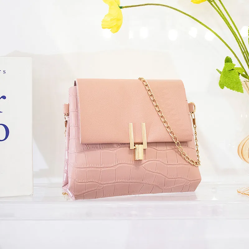 Chain fashion stone pattern small square PU bag in horizontal shape with chain strap, available in multiple colours