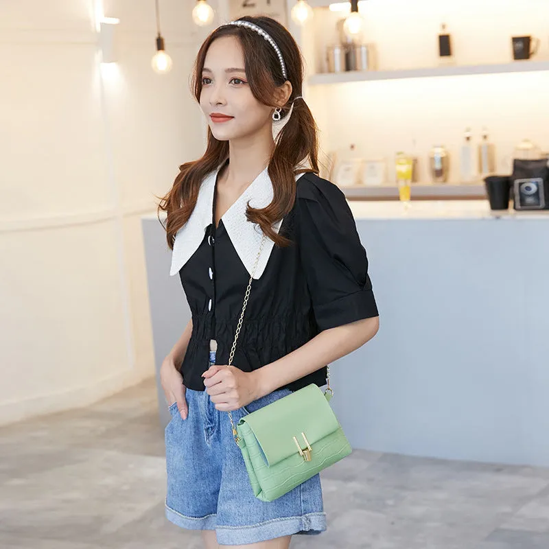 Chain fashion stone pattern small square PU bag in horizontal shape with chain strap, available in multiple colours
