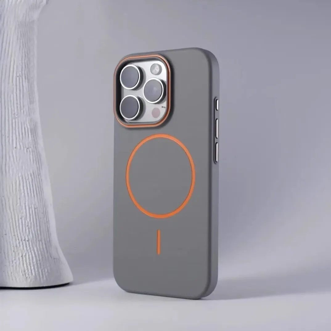 Frosted PC magnetic protective phone case for iPhone 16 in black with kickstand open