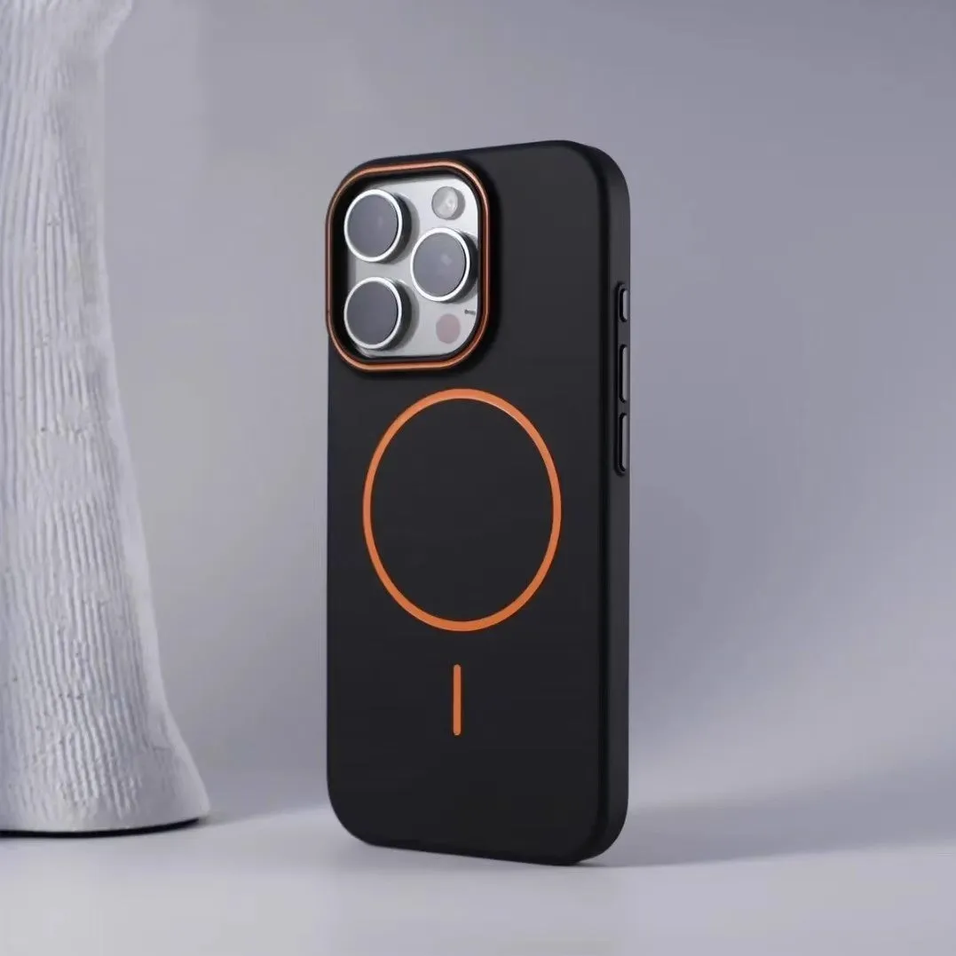 Frosted PC magnetic protective phone case for iPhone 16 in black with kickstand open