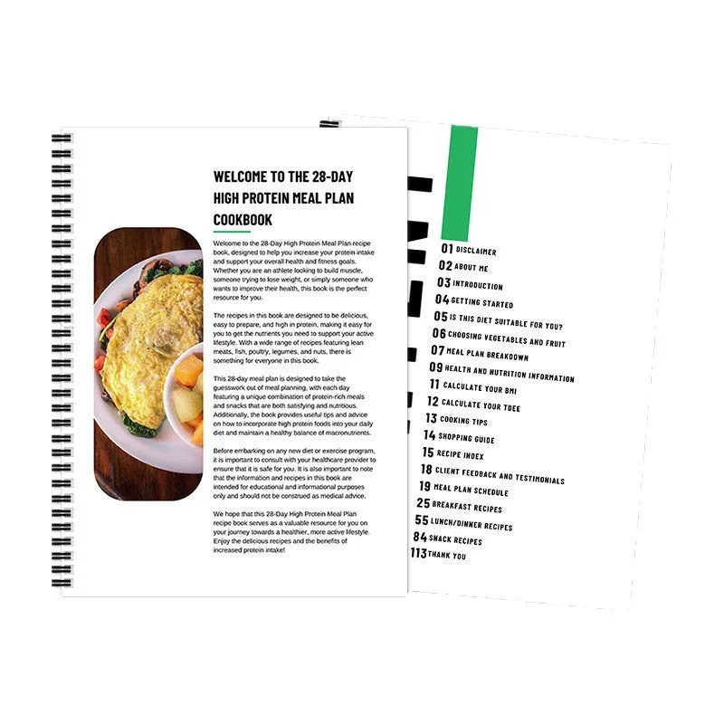 28-day high-protein diet plan book with paper pages, 21cm by 28.5cm, cover labelled 28Day Dietary Plan