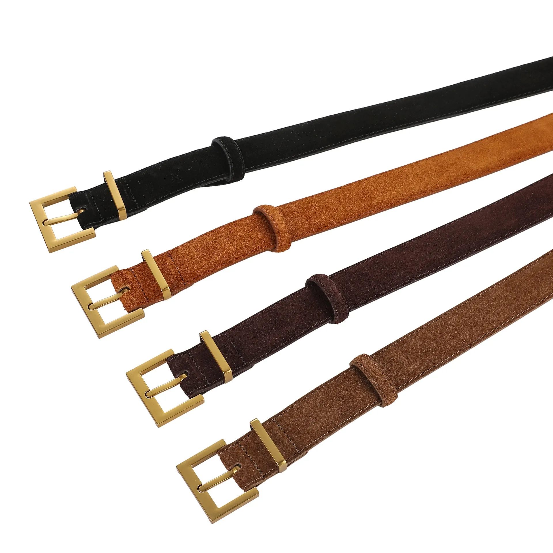 Ladies' leather pin buckle belt in black, caramel, dark brown, or light brown with quadrilateral alloy buckle