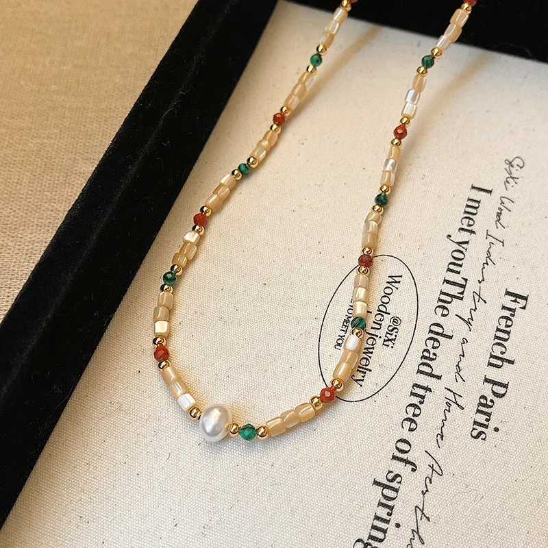 Women's geometric pearl necklace on zinc alloy clavicle chain with electroplated finish, adjustable 41-50cm