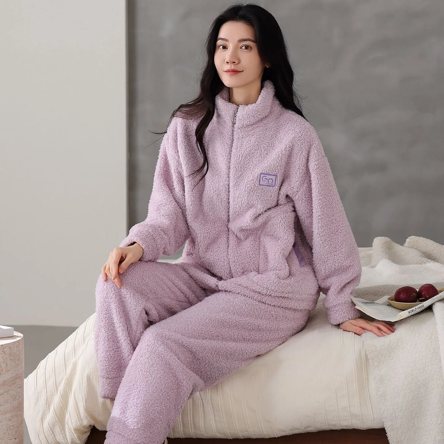 Long sleeve half velvet padded zipper couple pajamas set in flannel polyester, multiple colours available