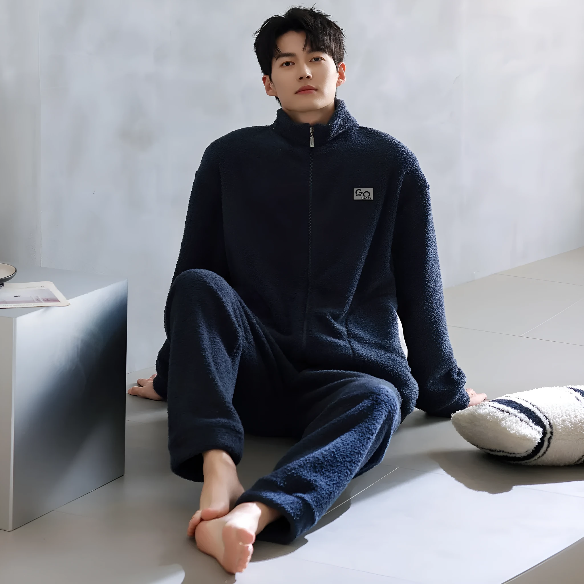 Long sleeve half velvet padded zipper couple pajamas set in flannel polyester, multiple colours available