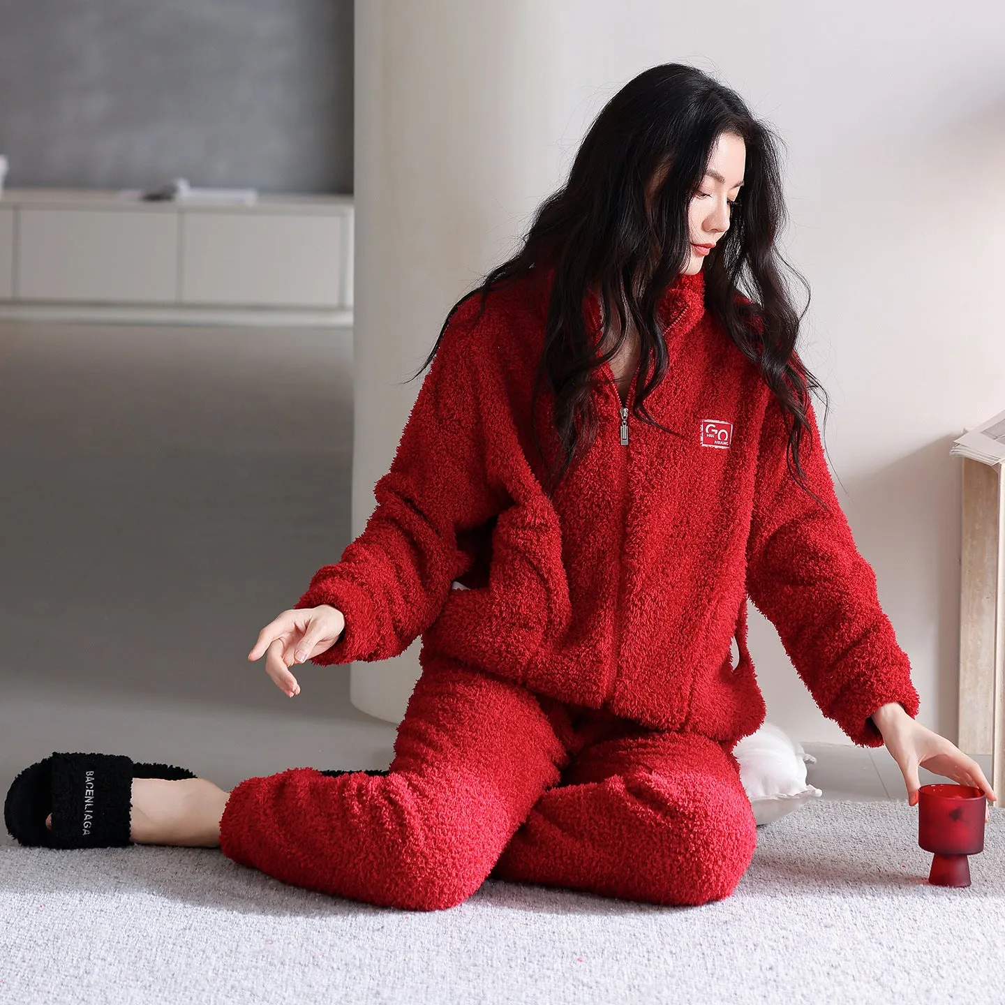 Long sleeve half velvet padded zipper couple pajamas set in flannel polyester, multiple colours available