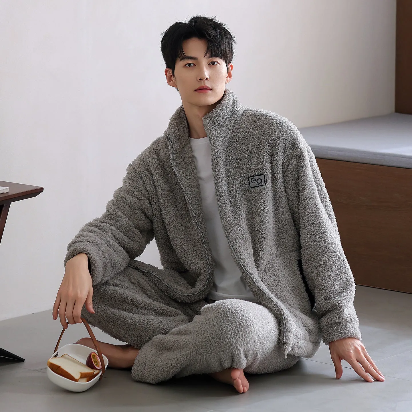Long sleeve half velvet padded zipper couple pajamas set in flannel polyester, multiple colours available