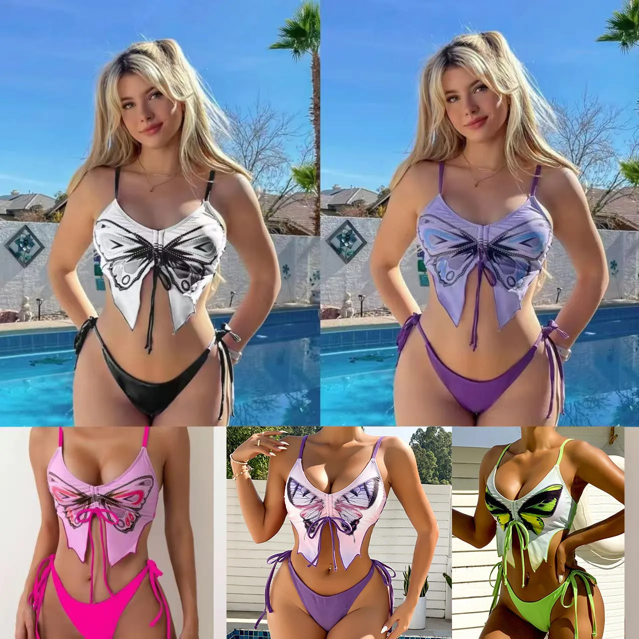 Women's purple bow ins style split bikini suit top and briefs on a mannequin.
