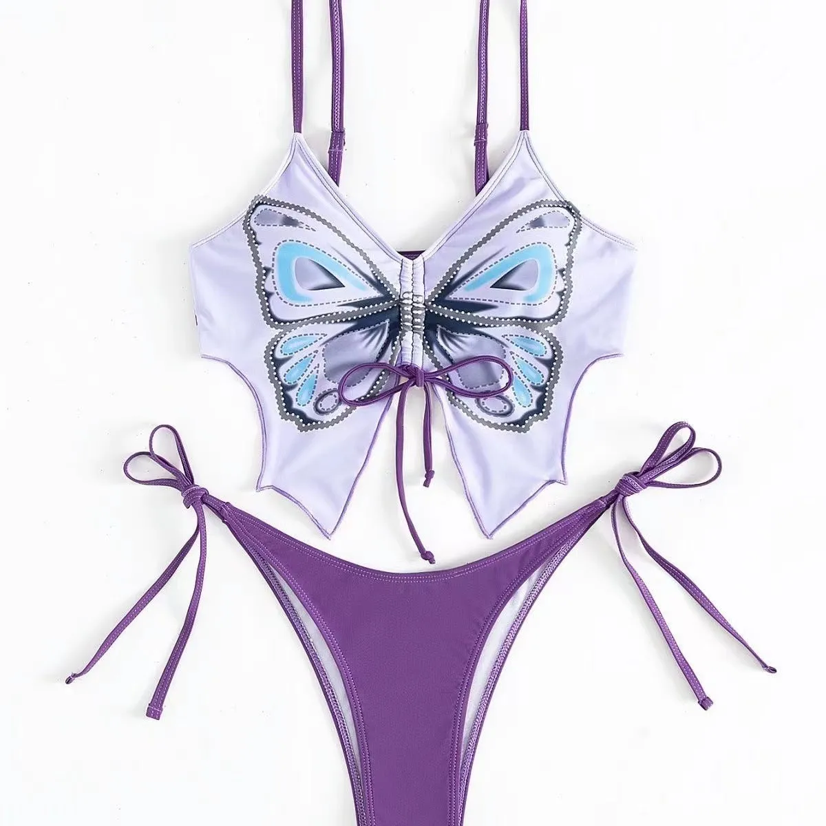 Women's purple bow ins style split bikini suit top and briefs on a mannequin.