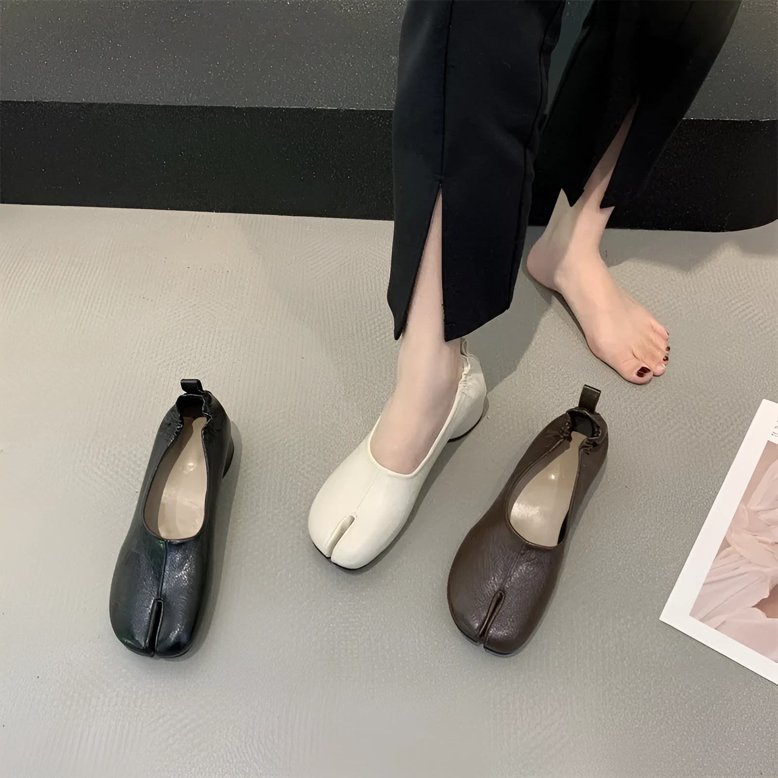 Women's apricot coloured chunky heel pumps with split toe horseshoe detail and round toe.