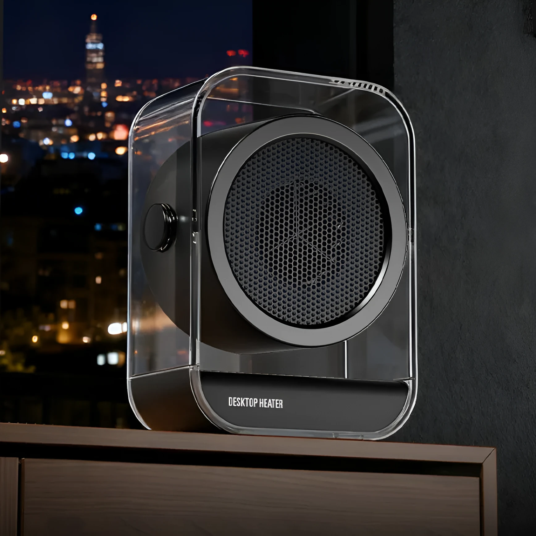 Beige desktop heater with 500W heating wire, two fan speeds, and automatic power-off, 196x266mm