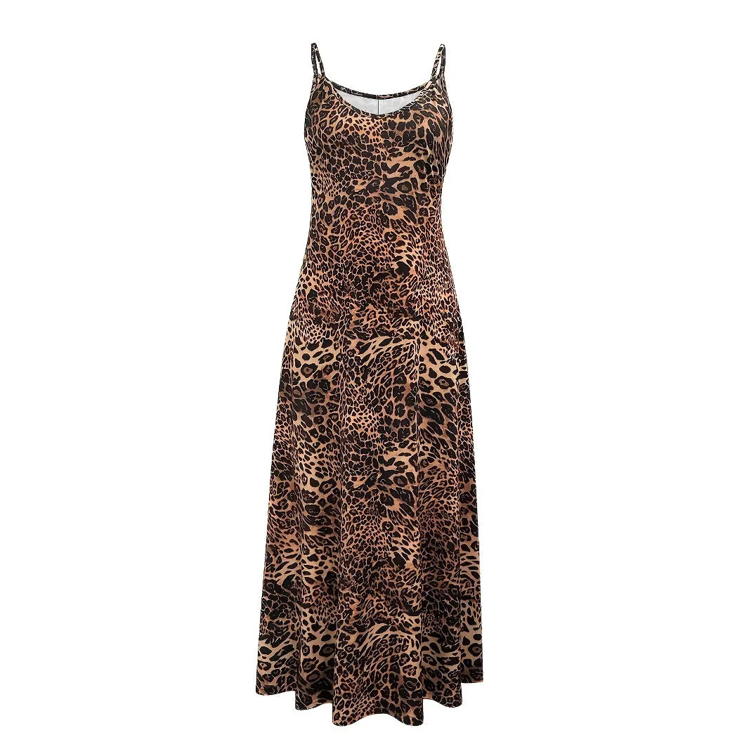 Dark brown leopard print sleeveless dress with round neck and loose-fitting long skirt.