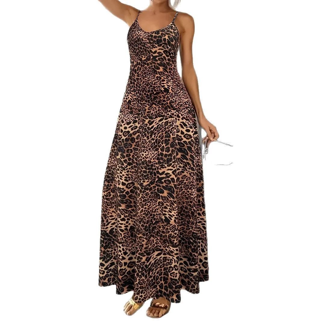 Dark brown leopard print sleeveless dress with round neck and loose-fitting long skirt.