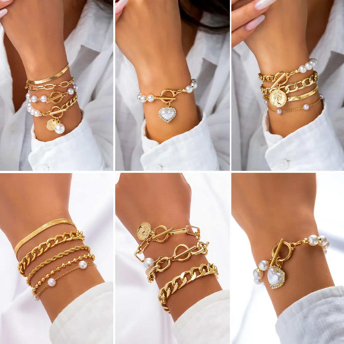 Retro pearl chain beaded bracelet electroplated alloy heart shape women's affordable luxury style