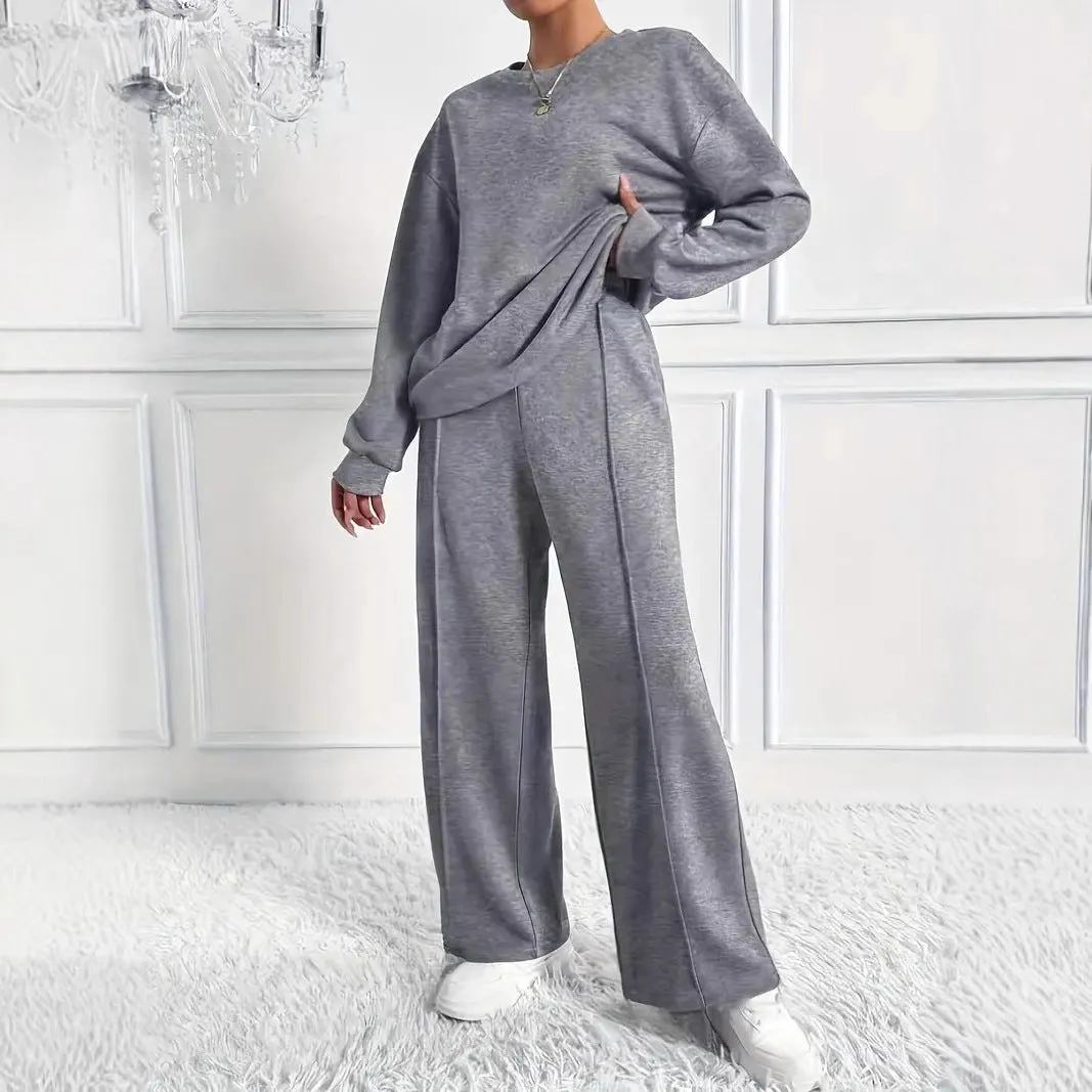 Women's cotton blend casual trousers twinset in solid colour with long sleeves crew neck top, six colours available