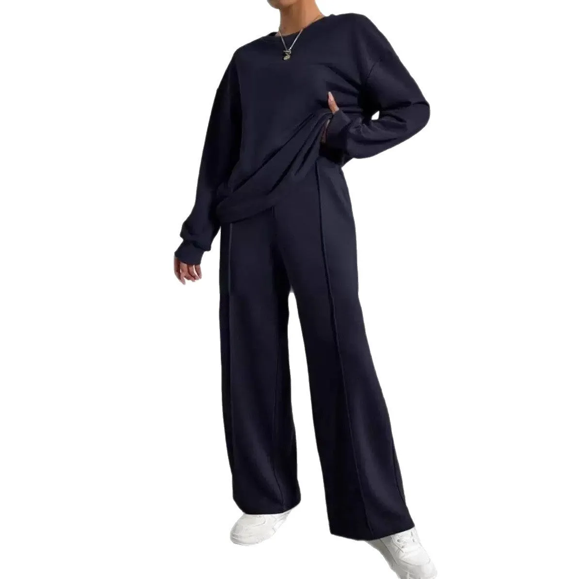 Women's cotton blend casual trousers twinset in solid colour with long sleeves crew neck top, six colours available