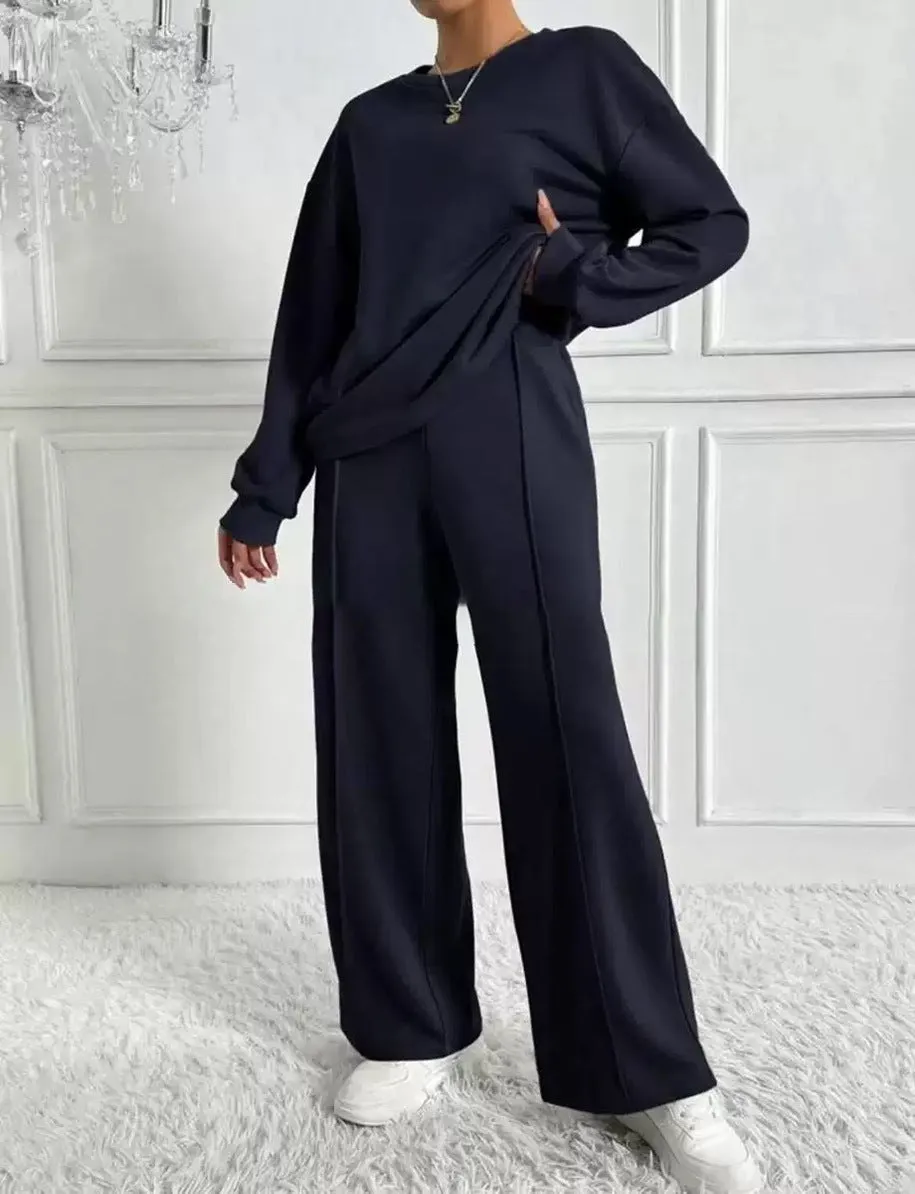 Women's cotton blend casual trousers twinset in solid colour with long sleeves crew neck top, six colours available