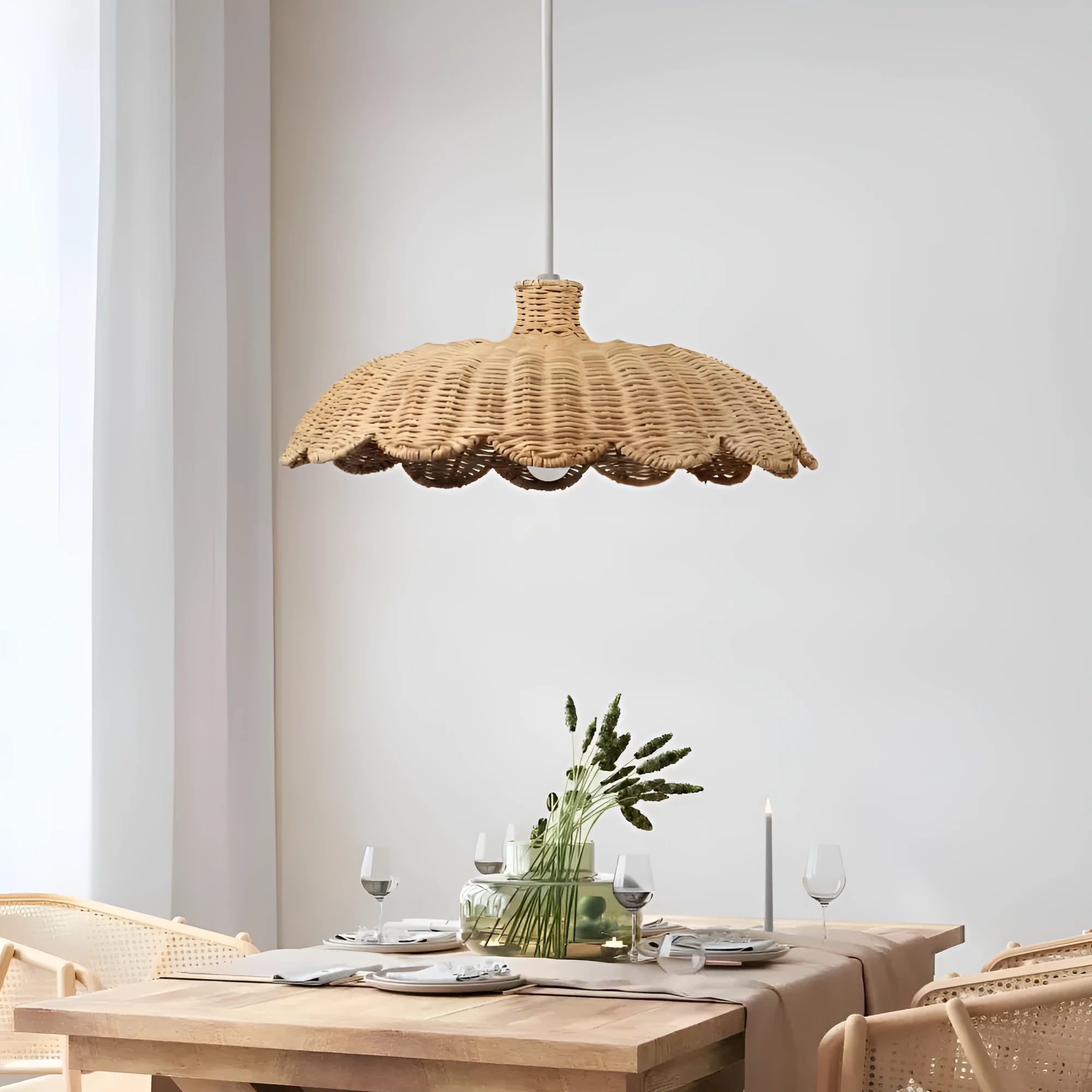 Hotel homestay retro bamboo ceiling lamp with woven rattan shade and acrylic panel, 46x20cm, in warm natural colour