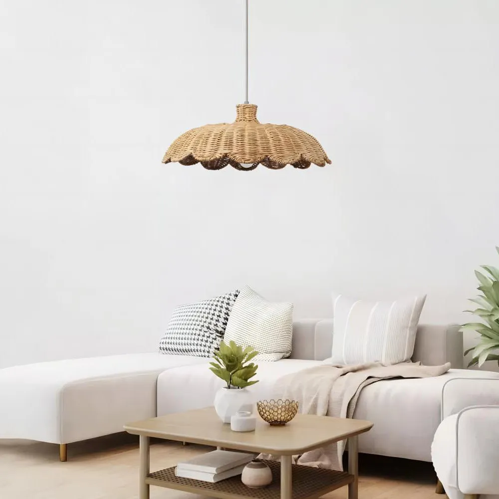 Hotel homestay retro bamboo ceiling lamp with woven rattan shade and acrylic panel, 46x20cm, in warm natural colour