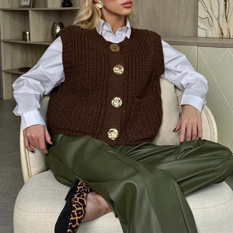 Women's button thick knitted short cardigan in apricot, chunky knit open front