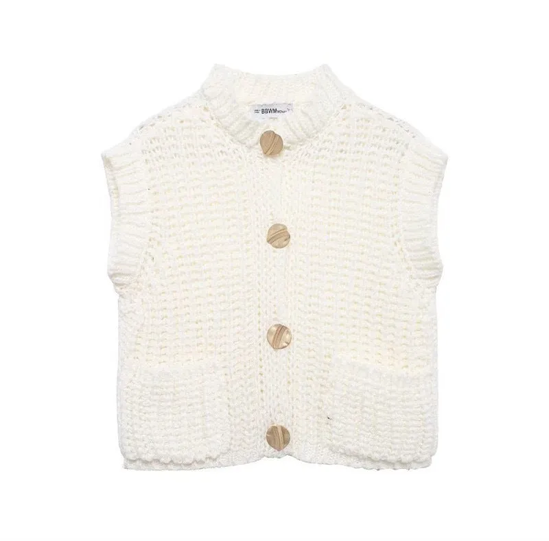 Women's button thick knitted short cardigan in apricot, chunky knit open front