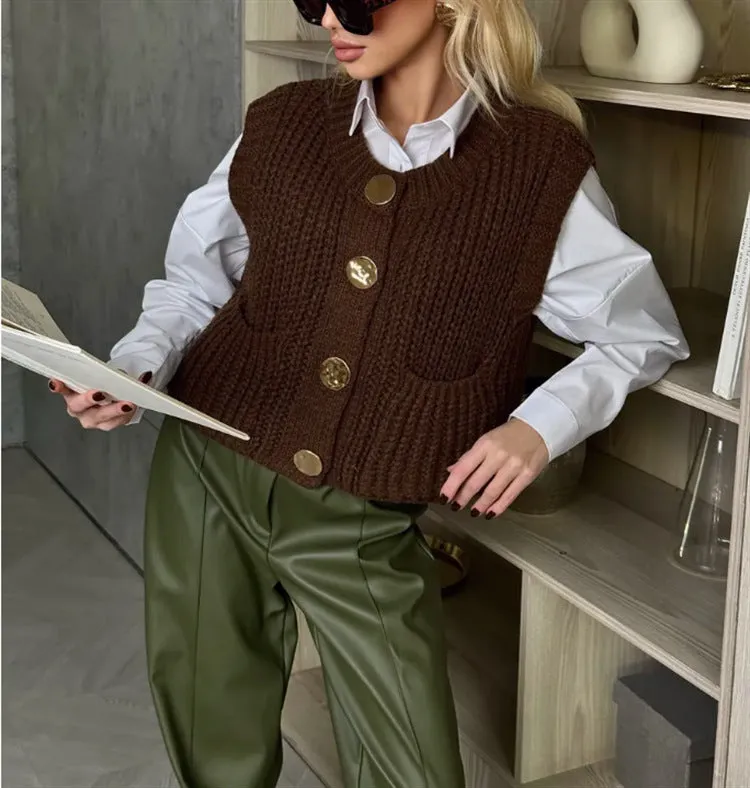 Women's button thick knitted short cardigan in apricot, chunky knit open front