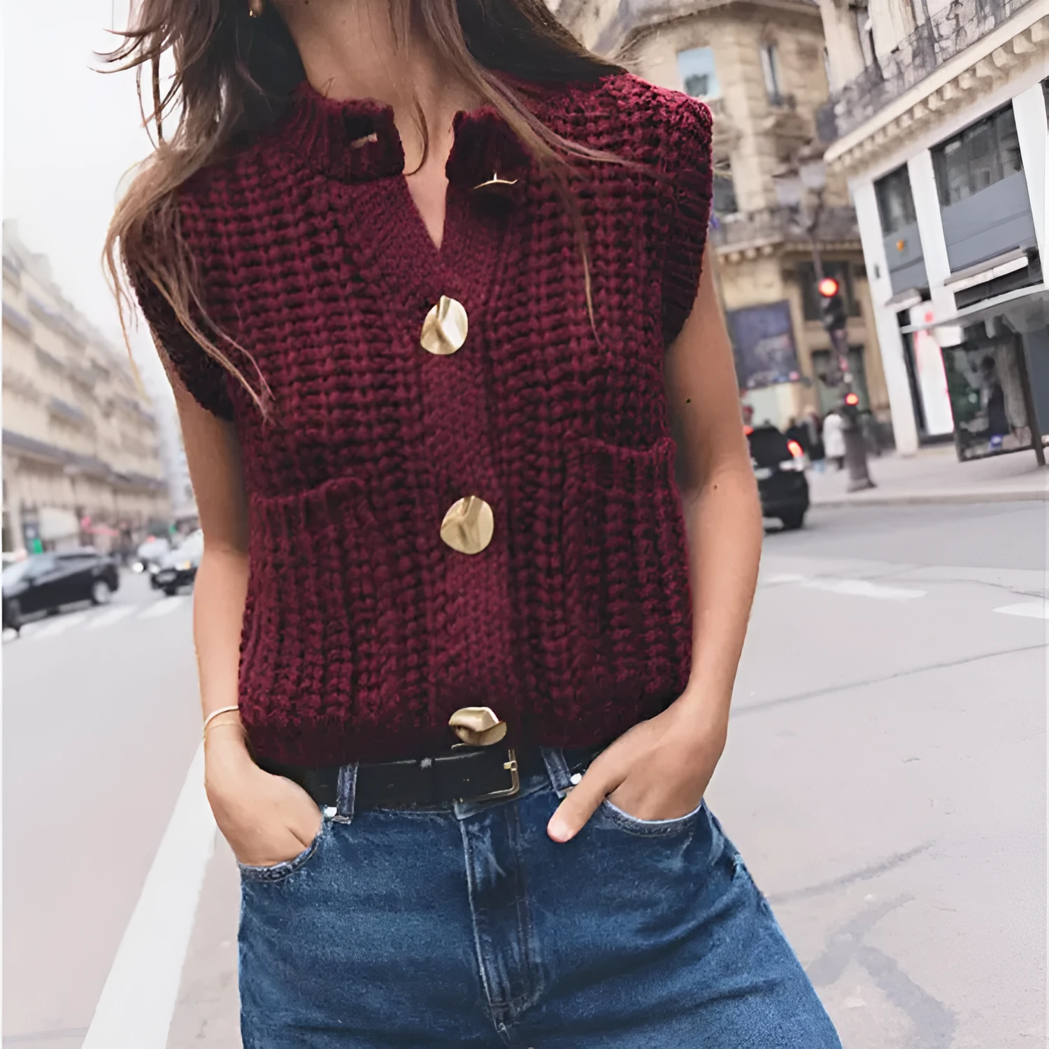 Women's button thick knitted short cardigan in apricot, chunky knit open front