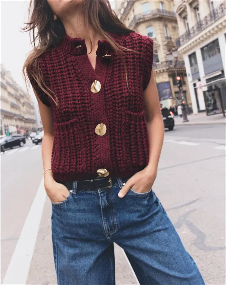 Women's button thick knitted short cardigan in apricot, chunky knit open front