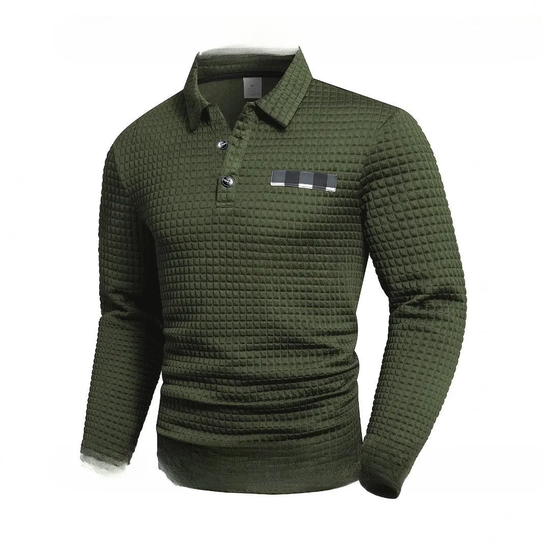 Trendy casual loose fit long sleeve waffle polo sweater in multiple colours for spring