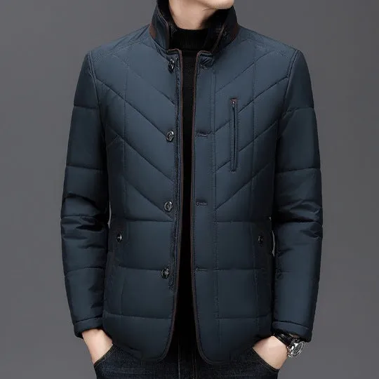 Men's solid colour winter short coat with side seam pockets, available in dark blue.