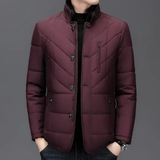 Men's solid colour winter short coat with side seam pockets, available in dark blue.