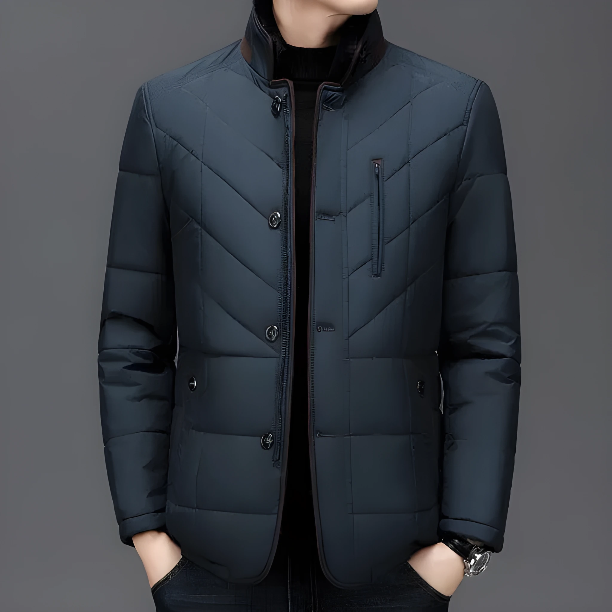 Men's solid colour winter short coat with side seam pockets, available in dark blue.