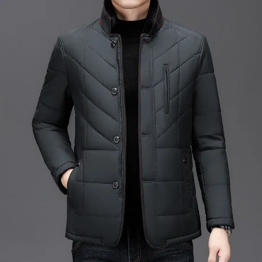Men's solid colour winter short coat with side seam pockets, available in dark blue.