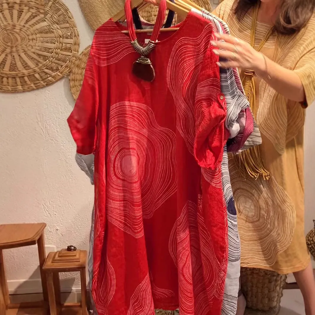 Women's round neck abstract print sleeve dress with A-line skirt in red, white, burgundy, apricot, light green, orange