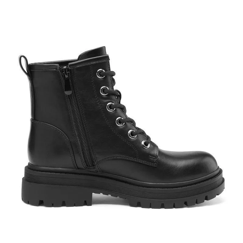 Women's flat lace up satin booties in black with over-the-knee sock length and lace-up front