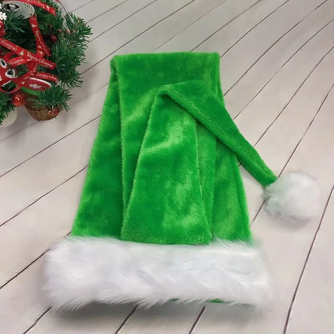 Extra long 1.5m polyester plush Christmas hat in red, with long tapered shape