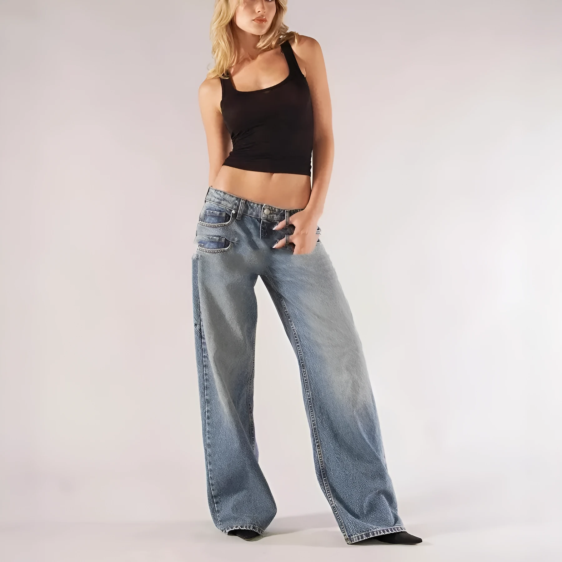 Women's loose straight wide leg cotton trousers with low waist and splicing detail in blue colour