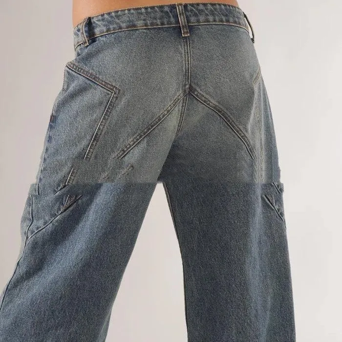 Women's loose straight wide leg cotton trousers with low waist and splicing detail in blue colour