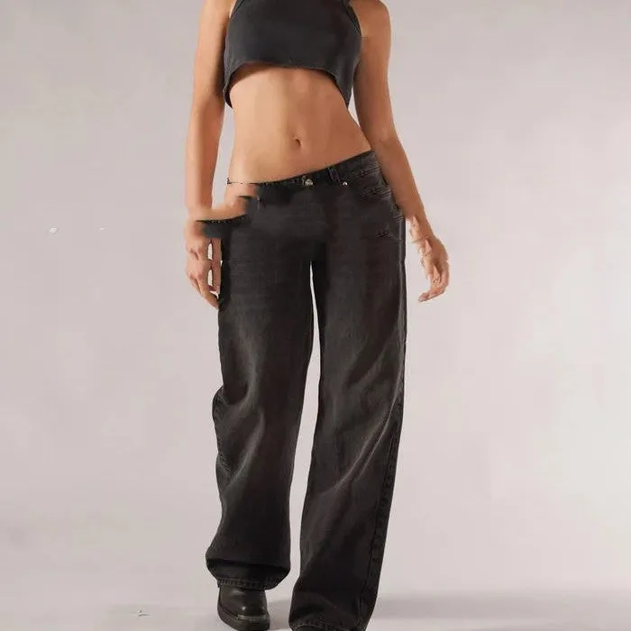 Women's loose straight wide leg cotton trousers with low waist and splicing detail in blue colour