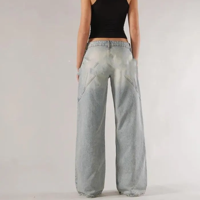 Women's loose straight wide leg cotton trousers with low waist and splicing detail in blue colour