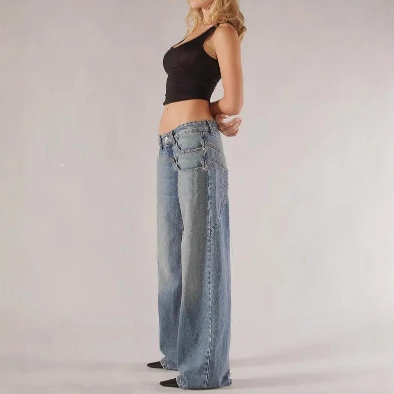 Women's loose straight wide leg cotton trousers with low waist and splicing detail in blue colour