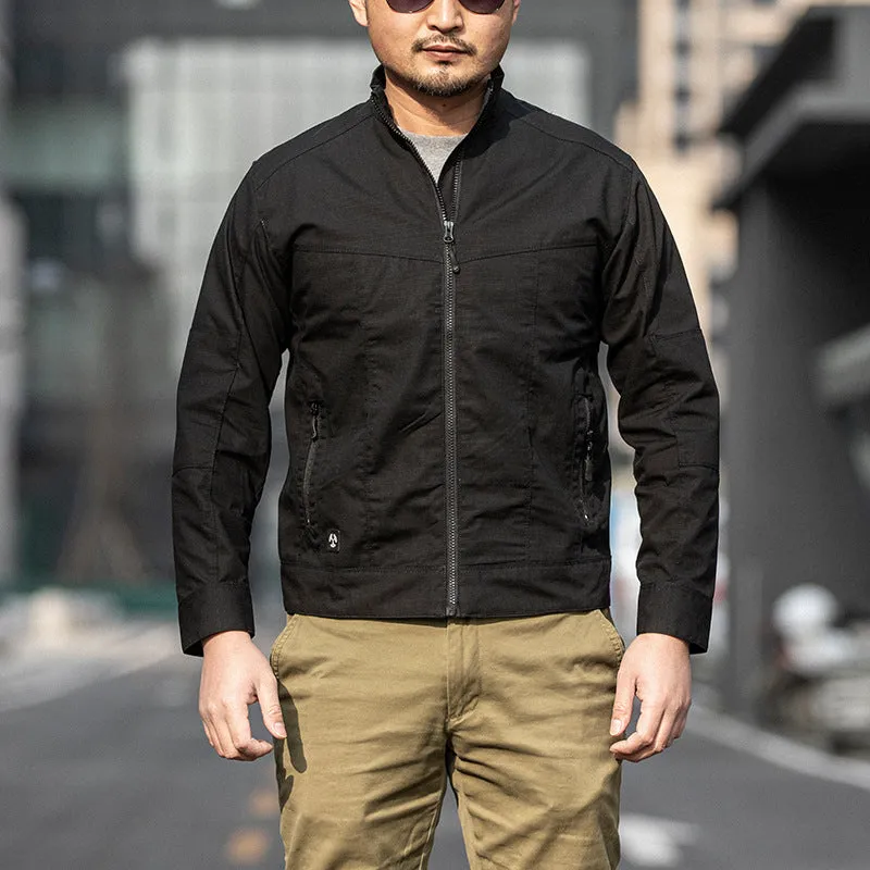 Man wearing a brown tactical camouflage polyester coat with multiple pockets.