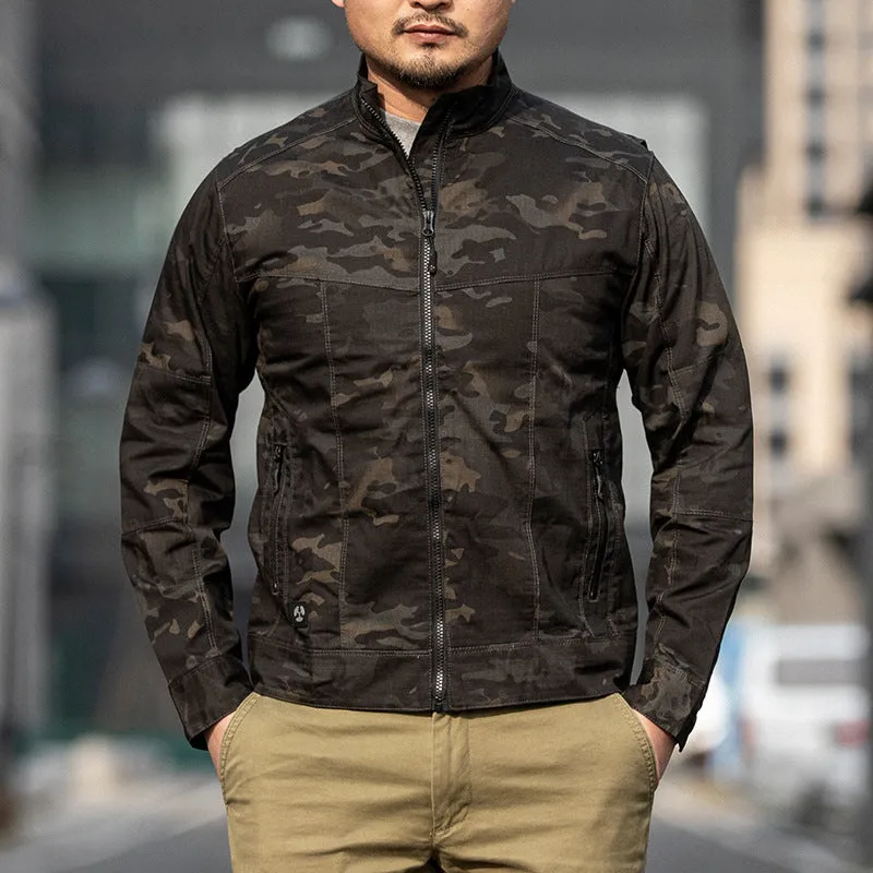 Man wearing a brown tactical camouflage polyester coat with multiple pockets.
