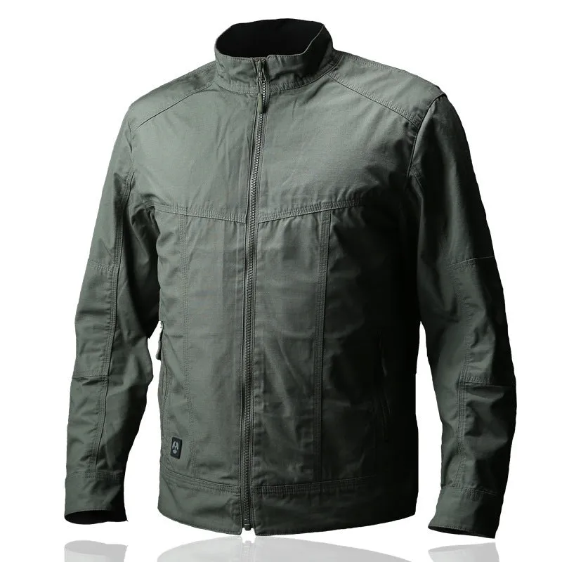 Man wearing a brown tactical camouflage polyester coat with multiple pockets.