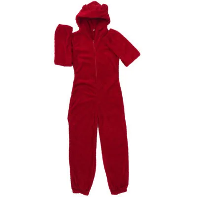 Fleece-lined thickened furry hooded jumpsuit pajama with zipper, loose fit, warm red colour lounging on bed