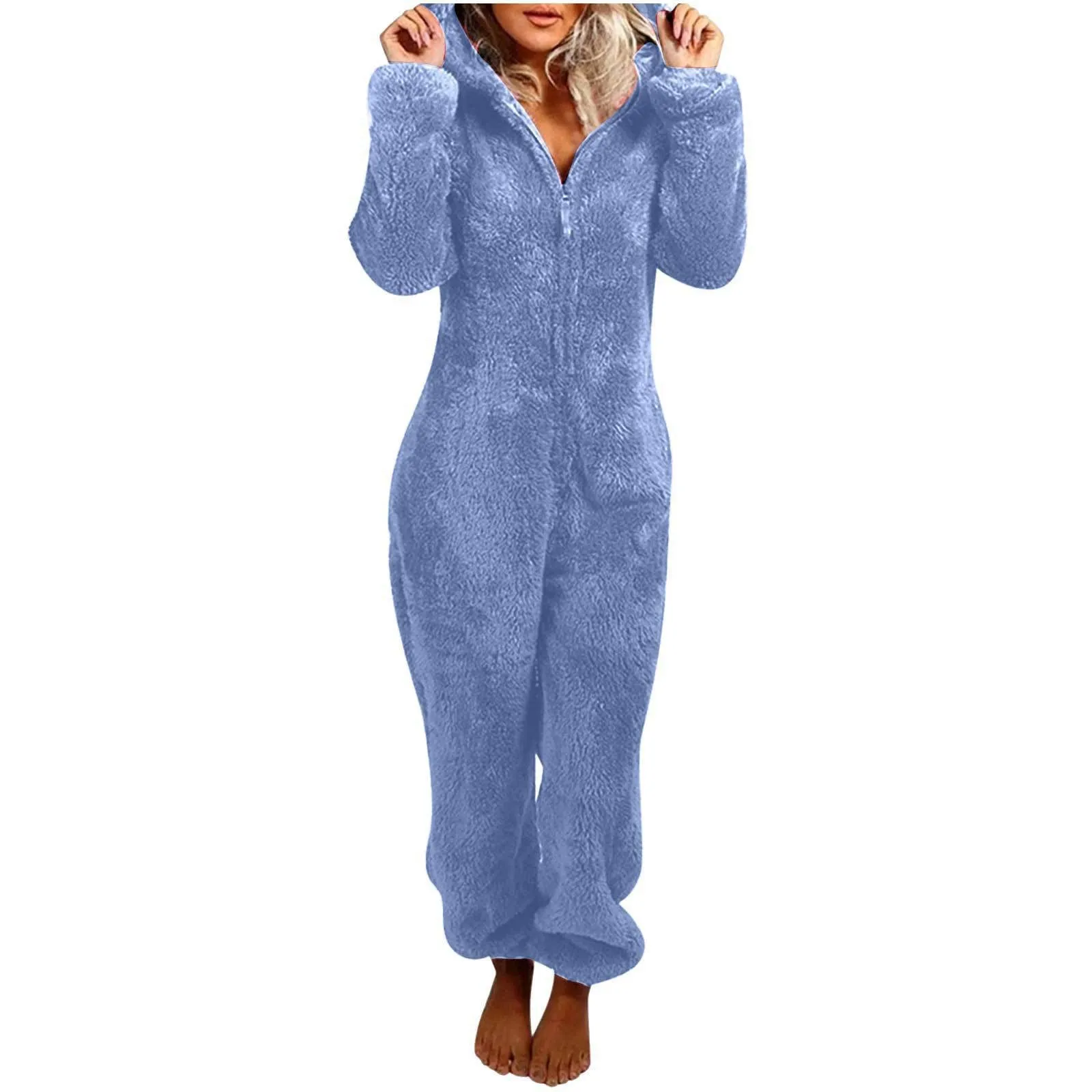 Fleece-lined thickened furry hooded jumpsuit pajama with zipper, loose fit, warm red colour lounging on bed